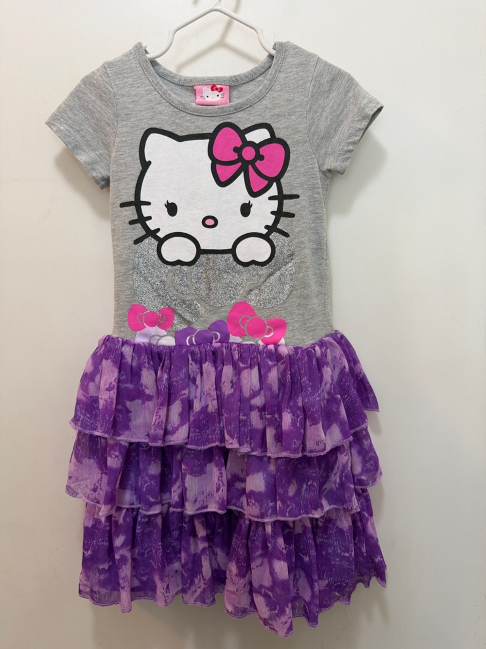 Hello Kitty Dress With Gray Top and Purple Tiered Ruffle Skirt